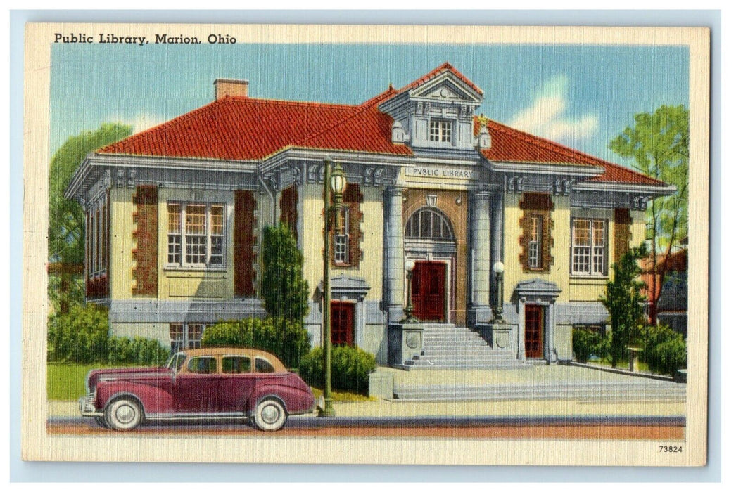 Marion Ohio OH, Public Library Building Car Front Street View Vintage Postcard