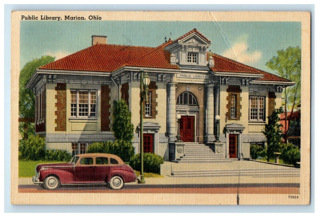 1949 View Of Public Library Car Front Marion Ohio OH Posted Vintage Postcard