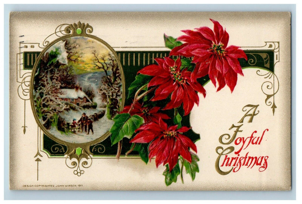 1911 Christmas John Winsch Poinsettia Flowers Family In Winter Embossed Postcard