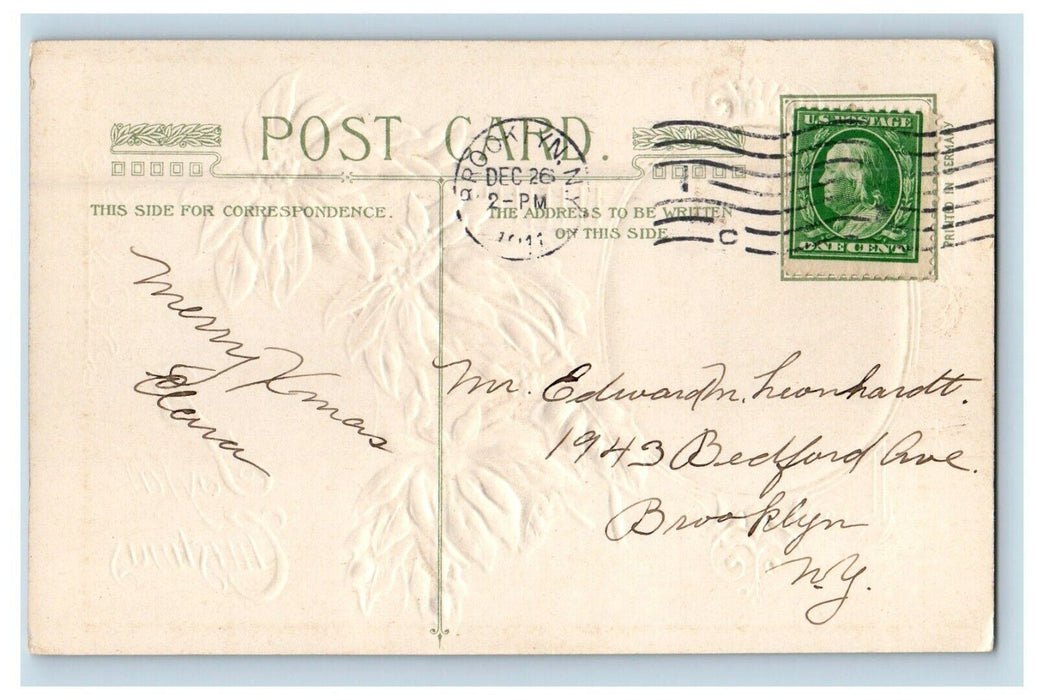 1911 Christmas John Winsch Poinsettia Flowers Family In Winter Embossed Postcard