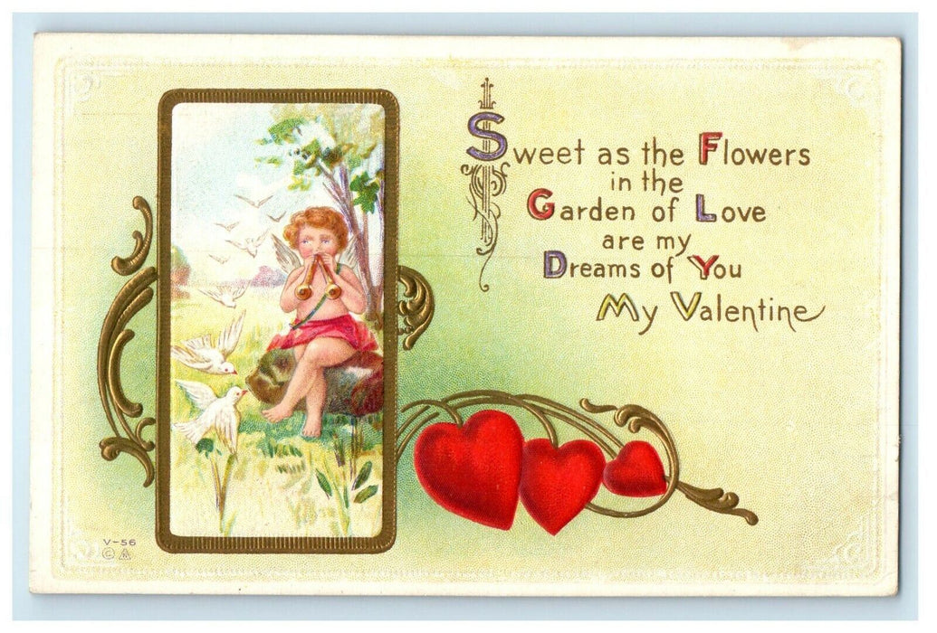 1909 Valentine Cupid Cherub Trumpet Dove Birds Heart Embossed Antique Postcard