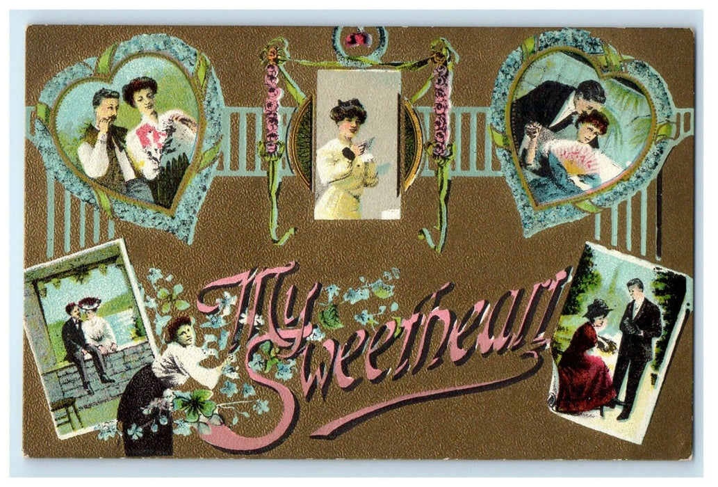 c1910 My Sweetheart Valentine Romance Couple Multiview Gold Flowers Postcard