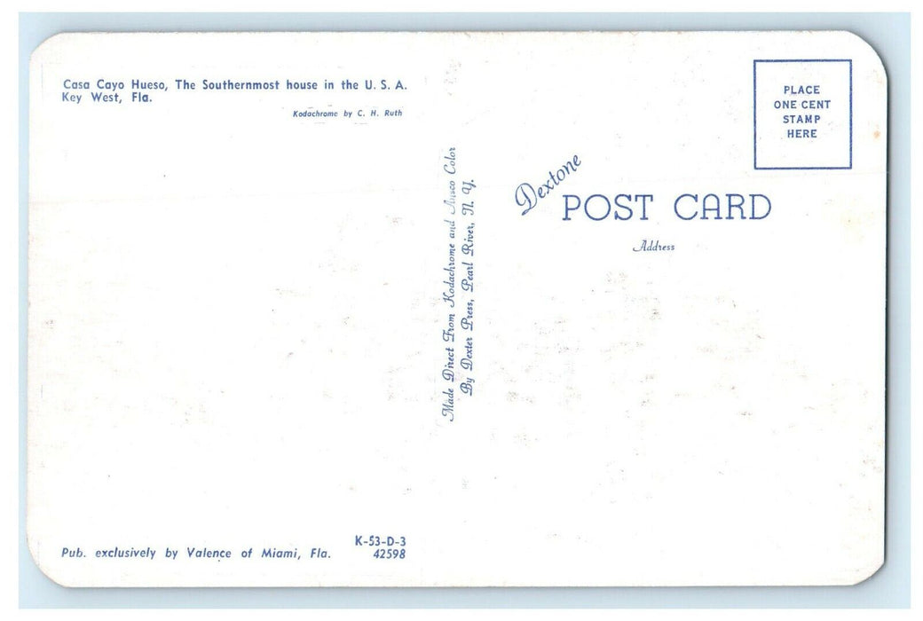 1953 Caso Cayo Hueso, The Southernmost House In USA Key West Florida FL Postcard