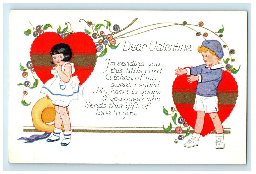 Valentine Boy Girl In Big Heart Holly Olives Gold Unposted Postcard