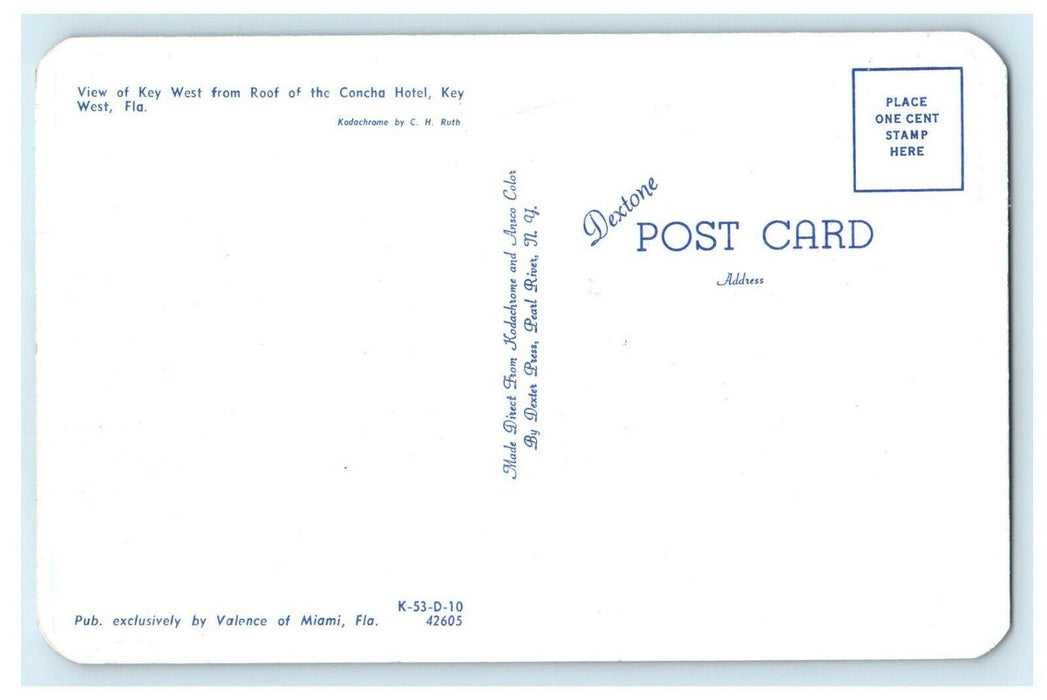 1953 Bird's Eye View Of Key West From Roof Of Concha Hotel Florida FL Postcard