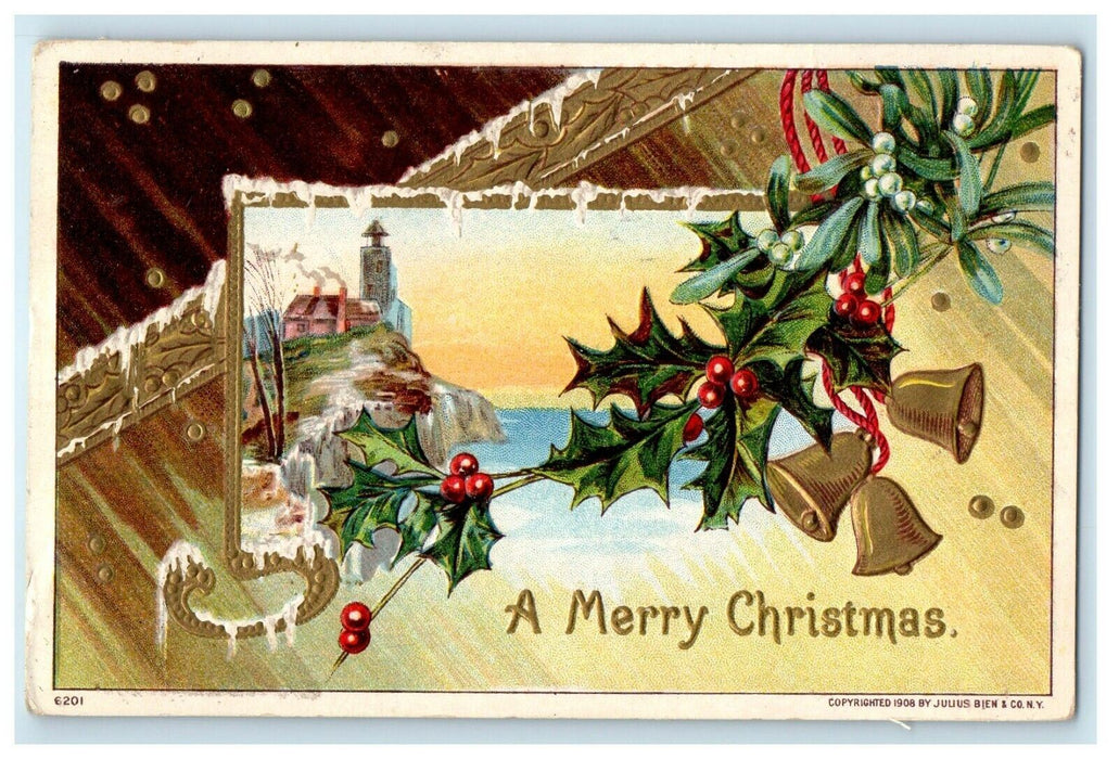 1908 Christmas Julius Bien Gold Bells Holly Olives Sea House Embossed Postcard