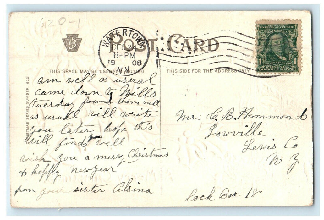 1908 Christmas Julius Bien Gold Bells Holly Olives Sea House Embossed Postcard