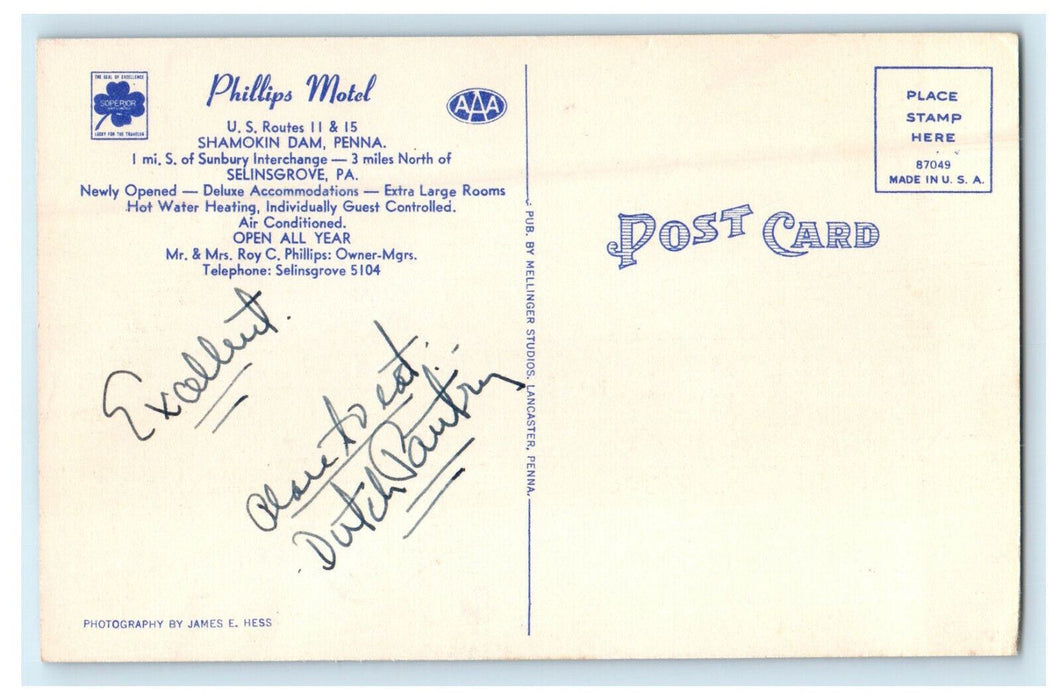 c1930s Phillips Motel, Shamokin Dam Snyder County Pennsylvania Postcard