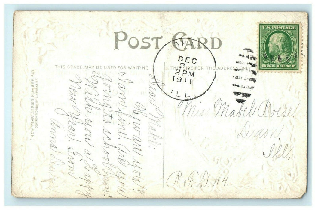 JJ Marks New Year's 1911 Ohio Illinois Dixon Embossed Vintage Antique Postcard