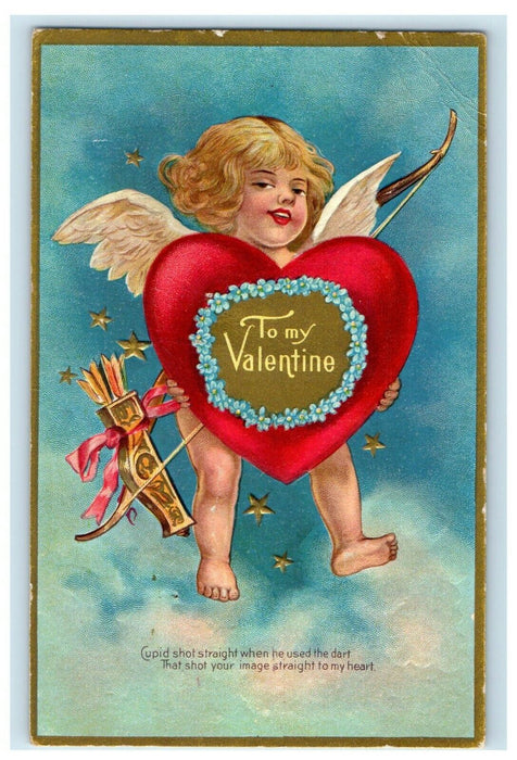 c1910 Valentine Winsch Back Cupid Cherub Big Heart Flowers Embossed Postcard