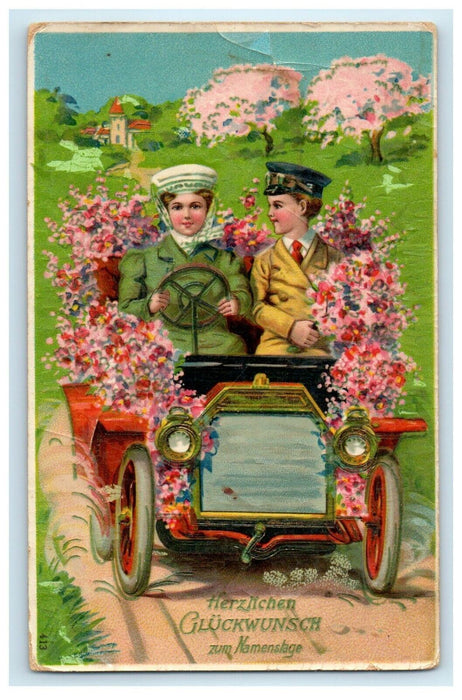 Valentine Romance Couple Driving Car Pansy Pink Flowers Blossom Tree Postcard