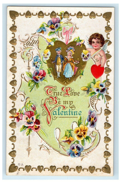 c1910 Valentine Cupid Cherub Flowers Couple Heart Scene Winsch Back Postcard