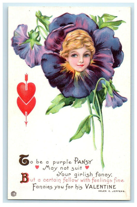 Valentine Helen Jeffers Beautiful Girl Head In Pansy Flower Embossed Postcard