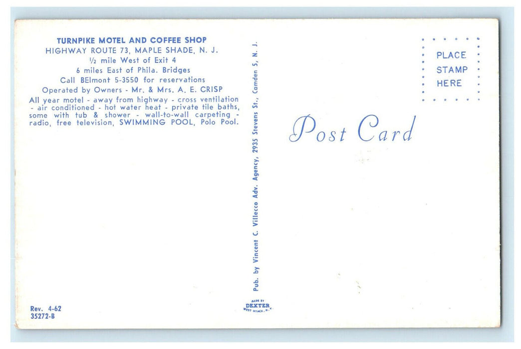 c1960s Turnpike Motel and Coffee Shop, Maple Shade, New Jersey NJ Postcard