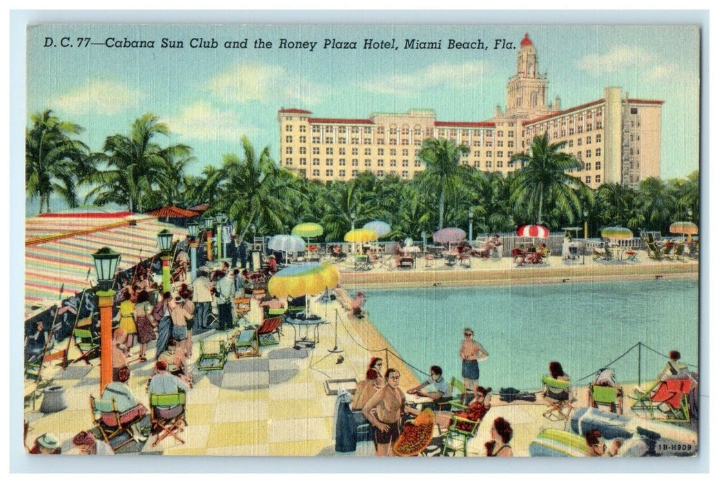 c1930's Cabana Sun Club And Roney Plaza Hotel Miami Beach Florida FL Postcard