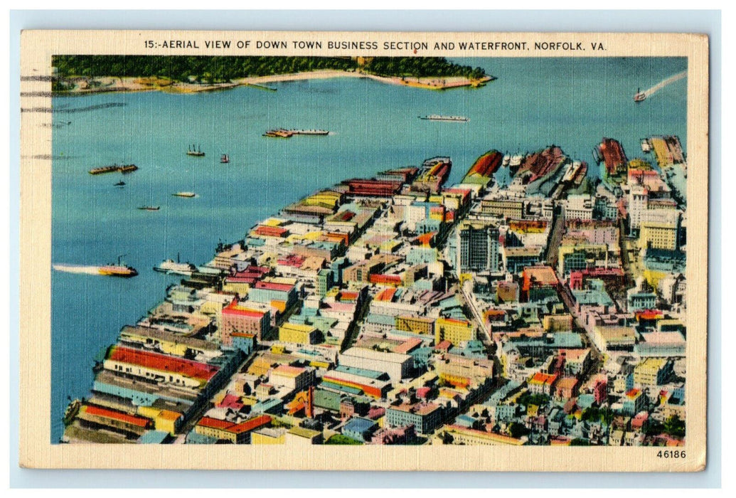 1944 Aerial View of Downtown Business Section, Norfolk VA Posted Postcard