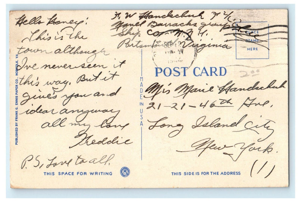 1944 Aerial View of Downtown Business Section, Norfolk VA Posted Postcard