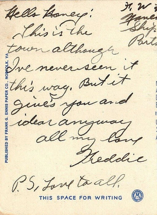 1944 Aerial View of Downtown Business Section, Norfolk VA Posted Postcard