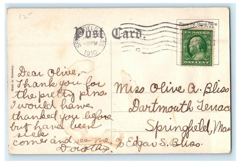 1910 Spring Field Yacht Club in Springfield, Massachusetts MA Postcard