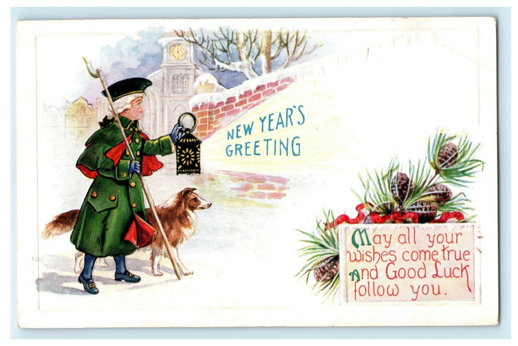 New Year Roanoke Illinois 1931 Border Collie Dog Embossed Antique Postcard