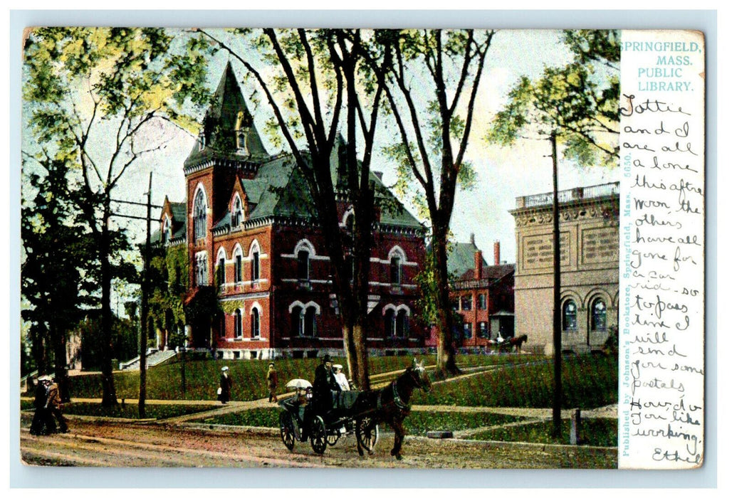 1907 Horse Carriage, Public Library Springfield MA Posted Postcard
