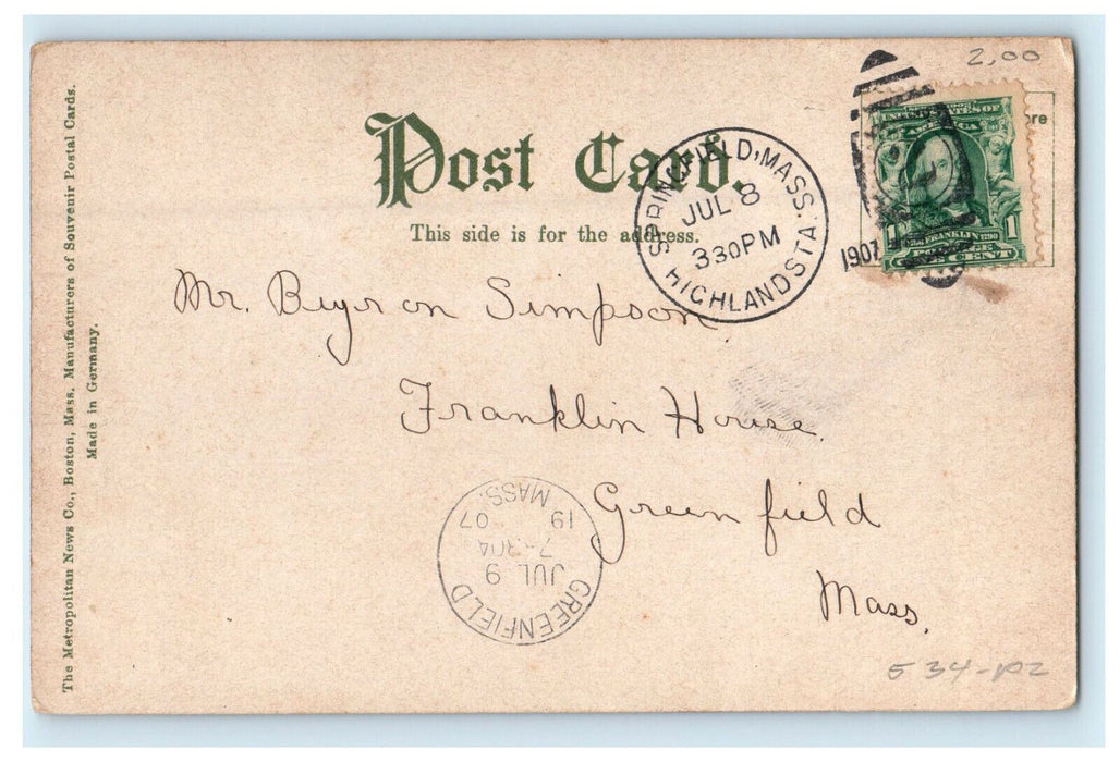 1907 Horse Carriage, Public Library Springfield MA Posted Postcard