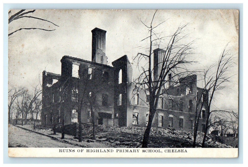 1908 Ruins of Highland Primary School, Fire Disaster, Chelsea MA Postcard