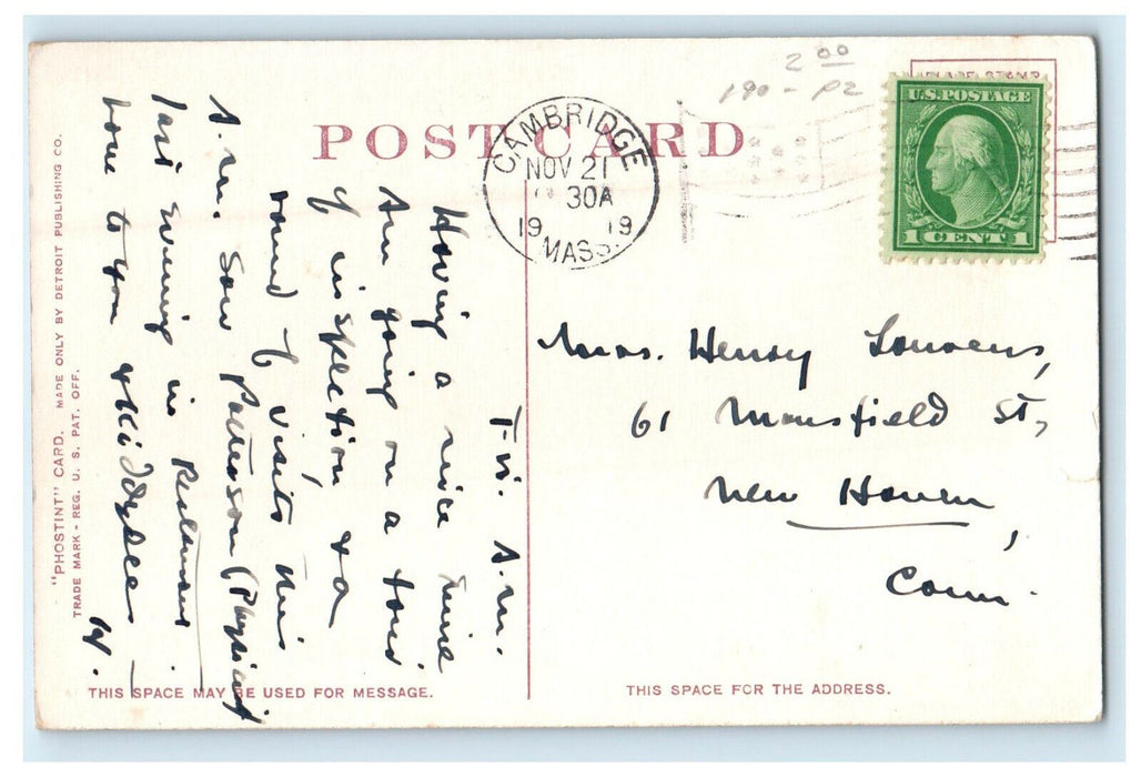 1919 Carriage Moving Quincy Street, Cambridge Massachusetts MA Postcard