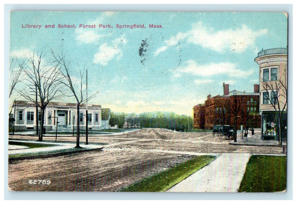1912 Library and School, Forest Park, Springfield Massachusetts MA Postcard