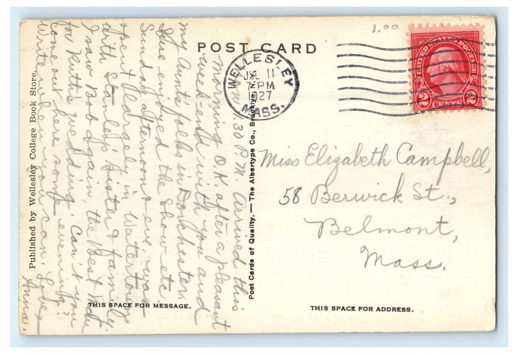 1927 The Boat House Wellesley College Wellesley MA Posted Postcard
