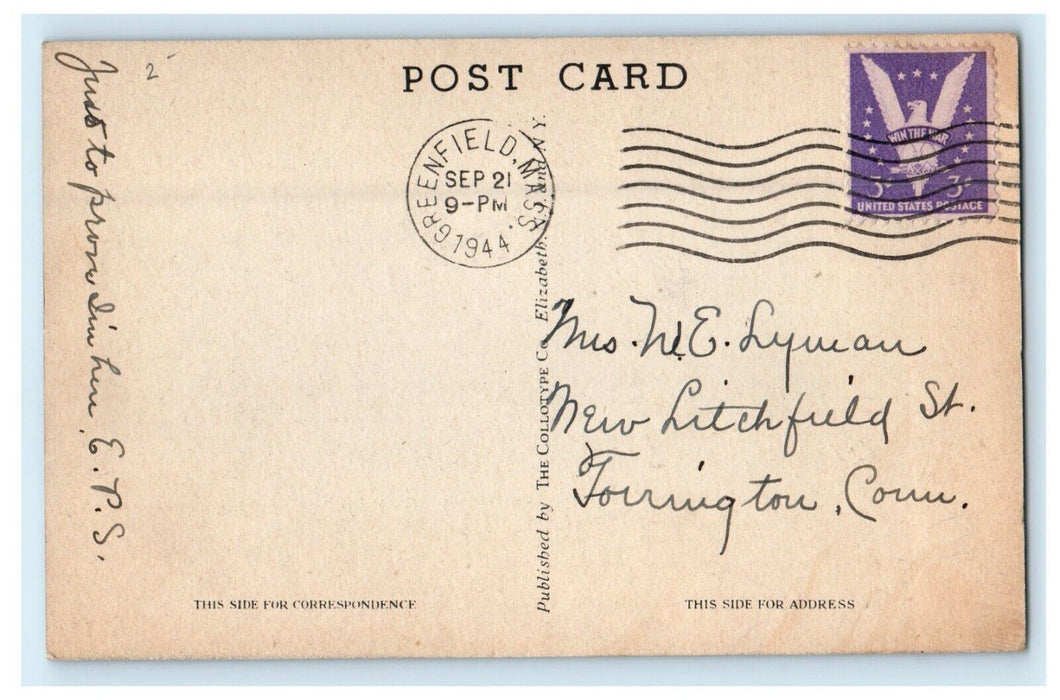 1944 Sun Parlor Weldon Hotel Greenfield, Massachusetts MA Posted Postcard