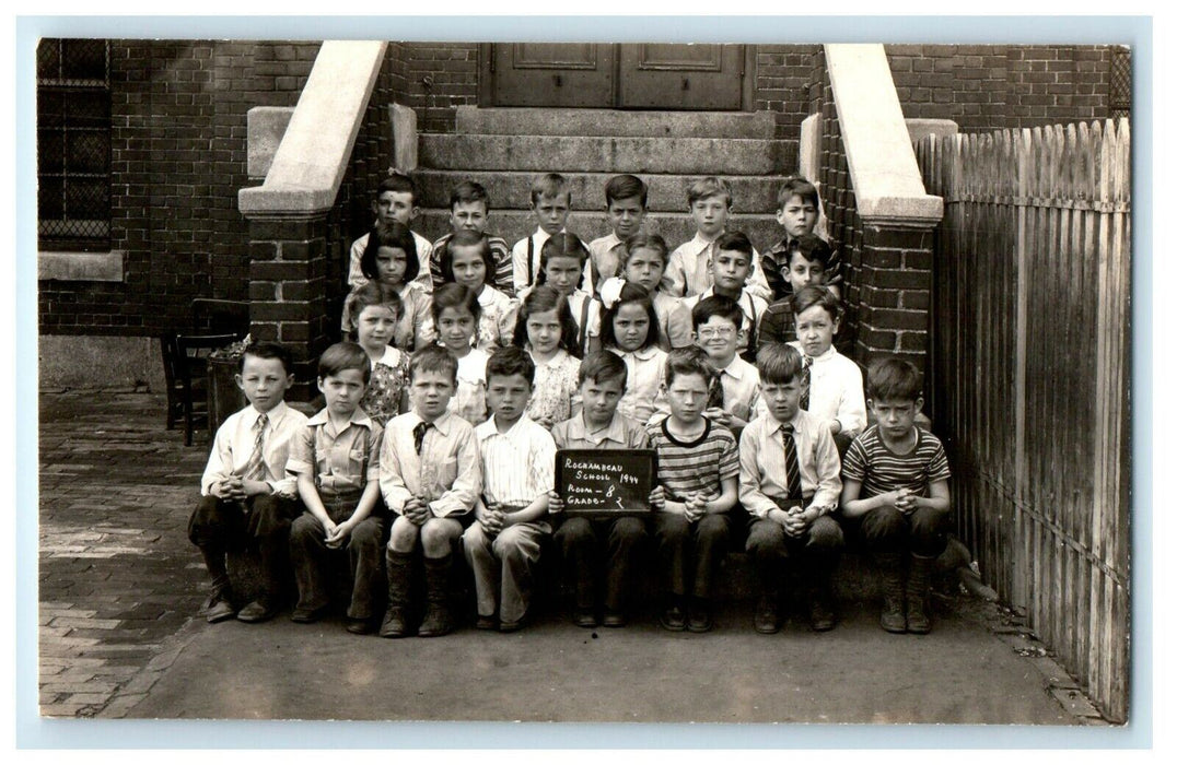 c1920s Dorchester MA, Rochambeau School Students At Stair RPPC Photo Postcard