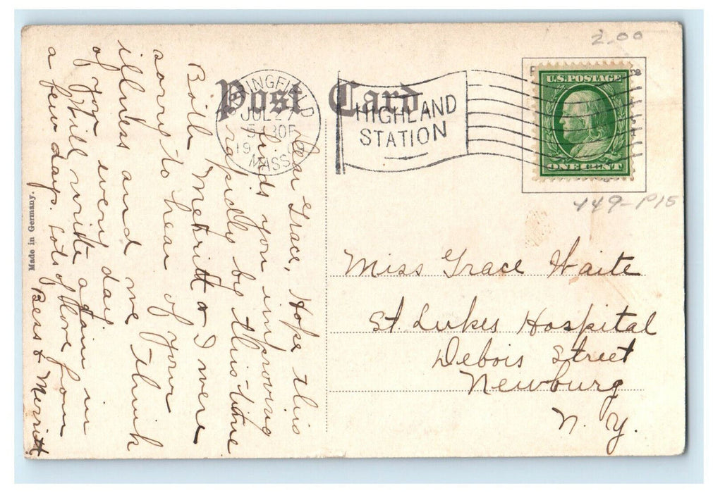 1909 Yacht Club and Conn River, Springfield Massachusetts MA Cancel Postcard