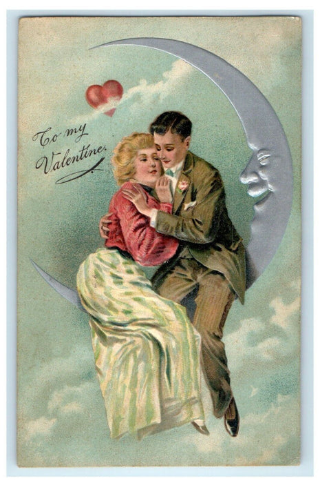 1913 Valentine Couple Anthropomorphic Crescent Moon Face Embossed Postcard