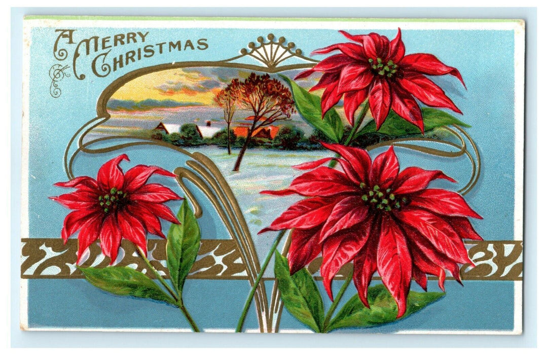 Christmas Poinsettia Flower Embossed Gold c1910 Vintage Antique Postcard