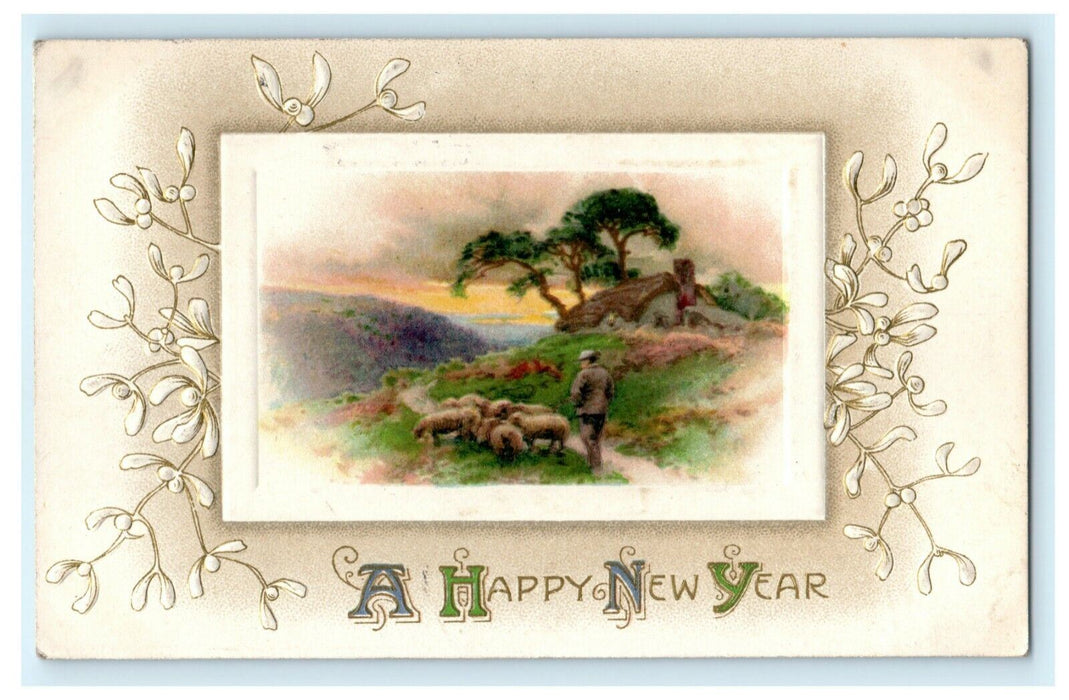 John Winsch New Year Lamont Iowa 1909 Embossed Sheep Vintage Antique Postcard