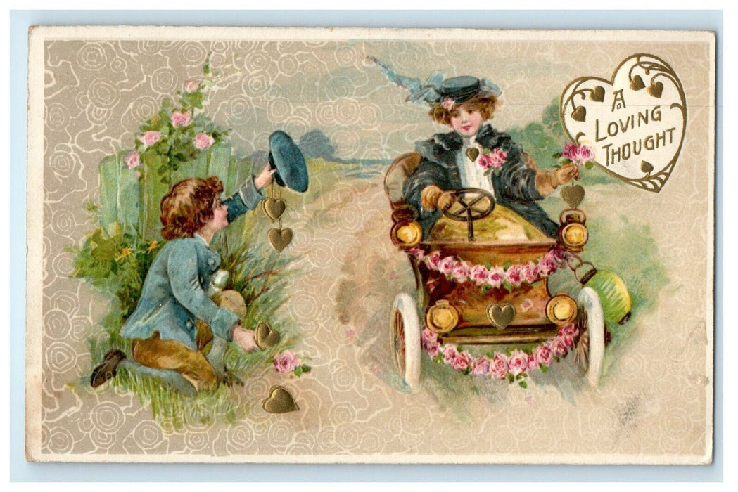 1910 Valentine Winsch Back Pretty Girl Driving Car With Flowers Germany Postcard