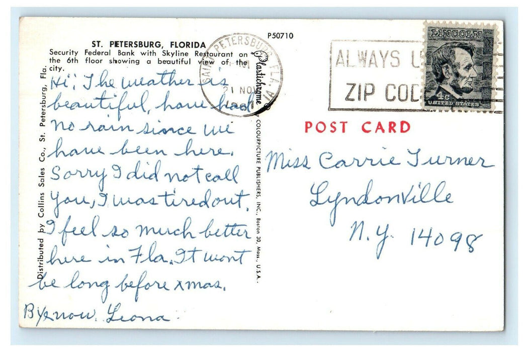 1967 Security Federal Bank With Skyline Restaurant St. Petersburg FL Postcard
