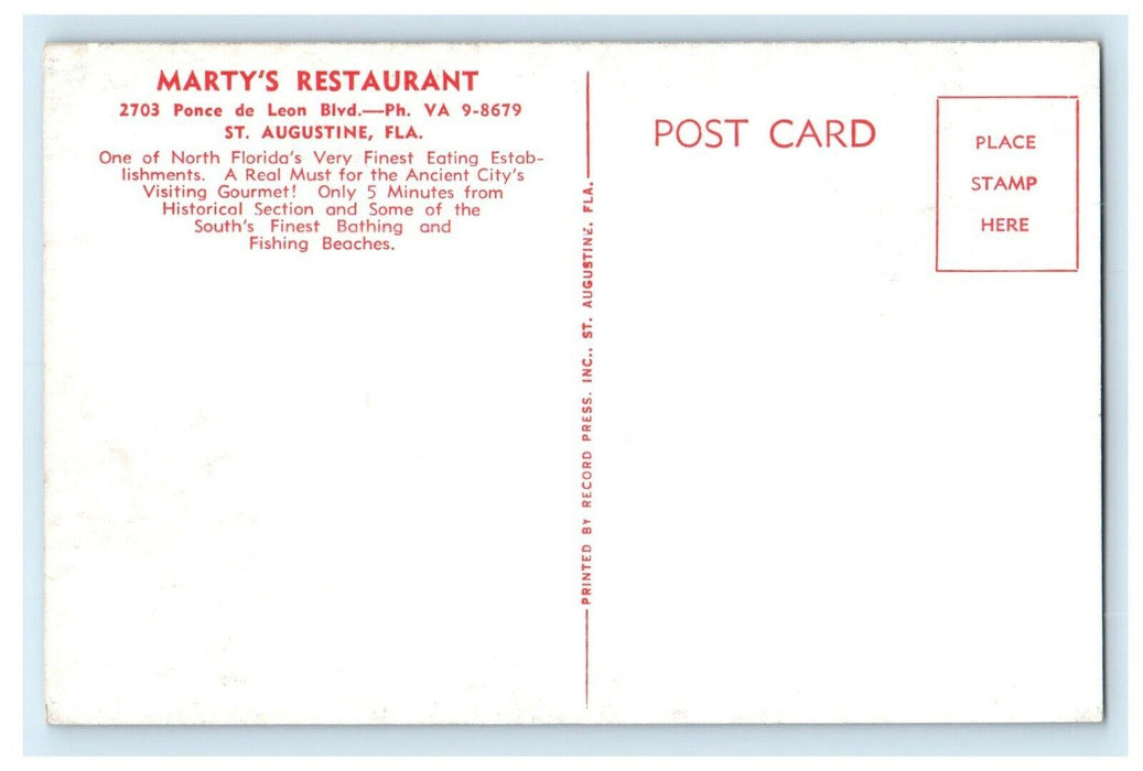 Marty's Restaurant In The Nation's Oldest City St. Augustine Florida FL Postcard
