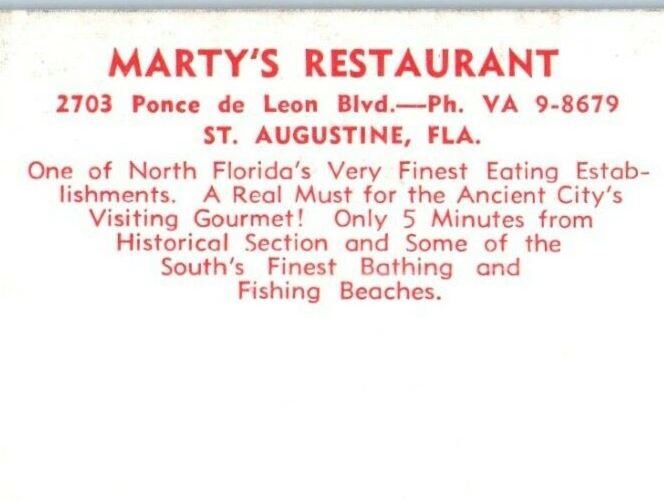 Marty's Restaurant In The Nation's Oldest City St. Augustine Florida FL Postcard