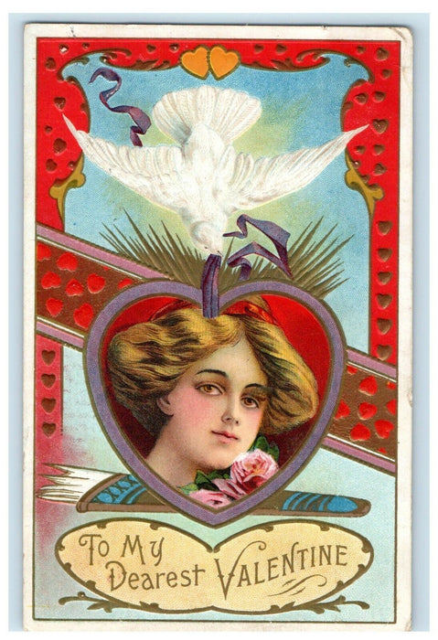 1912 Valentine Beautiful Girl Hearts Shape Dove Bird Embossed Antique Postcard