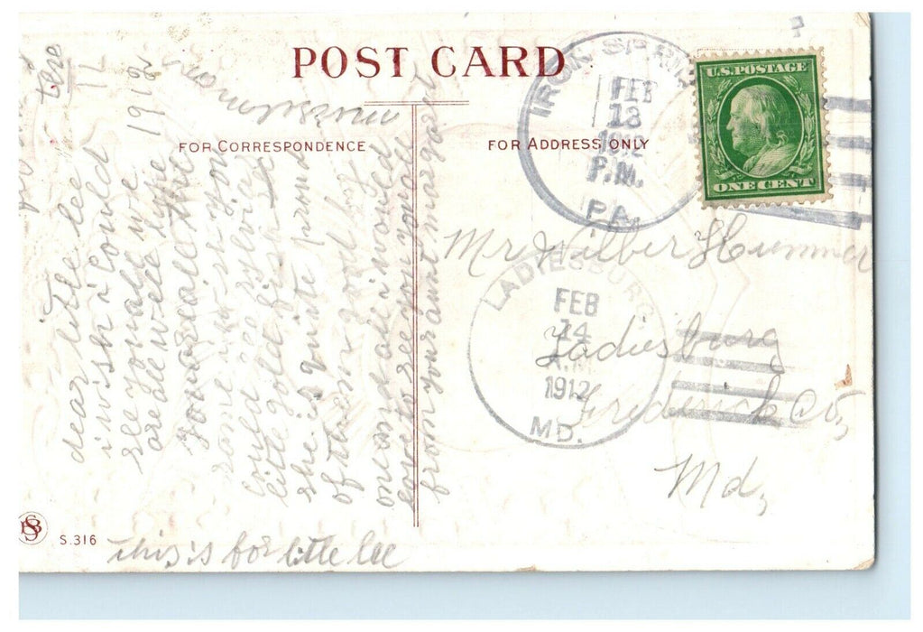 1912 Valentine Beautiful Girl Hearts Shape Dove Bird Embossed Antique Postcard