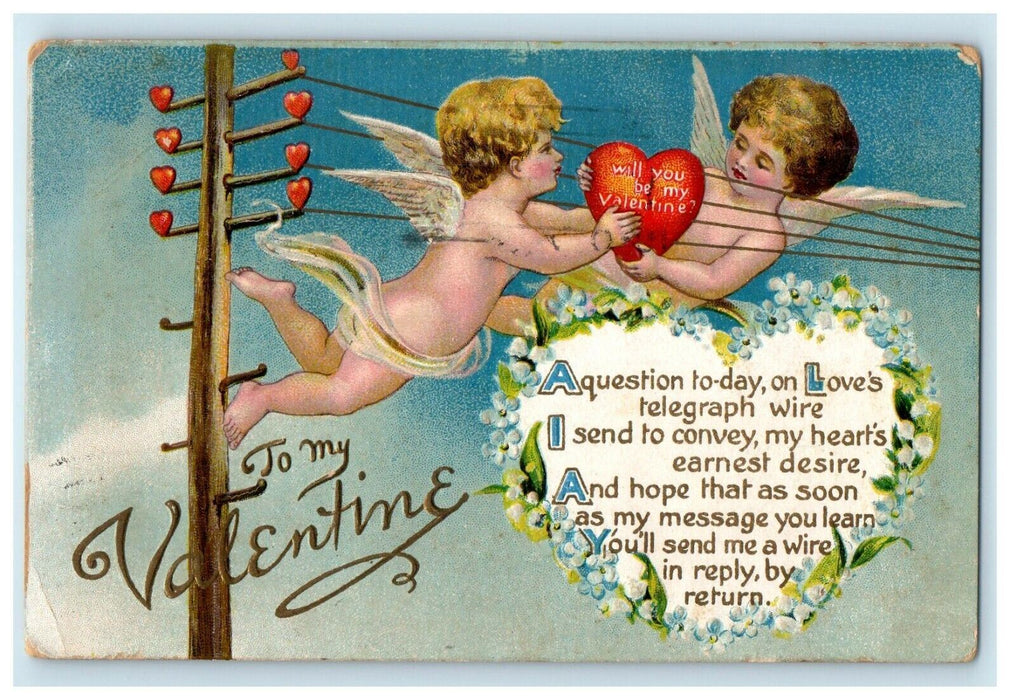 1910 Valentine Cupid Cherubs Floating Heart Telegraph Wire Embossed Postcard