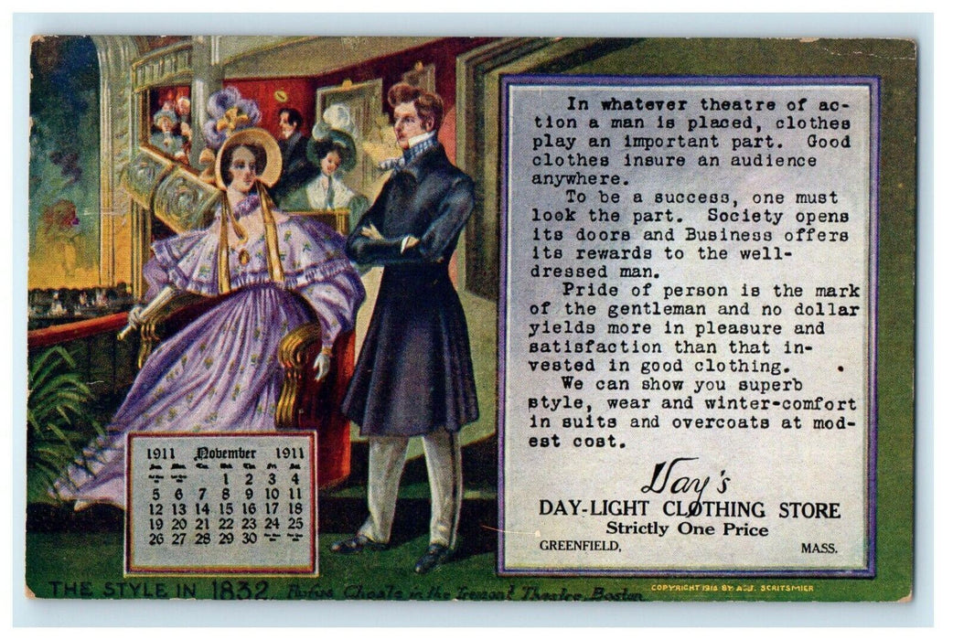 1911 Day-Light Clothing Store Greenfield, Massachusetts MA Advertising Postcard