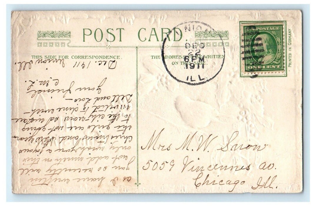 1911 Christmas Holly Snow Bird Horseshoe John Winsch Embossed Antique Postcard