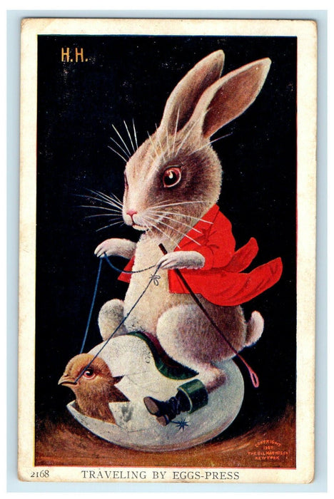 1909 Easter Anthropomorphic Rabbit Traveling By Egg Chick Hatched Postcard