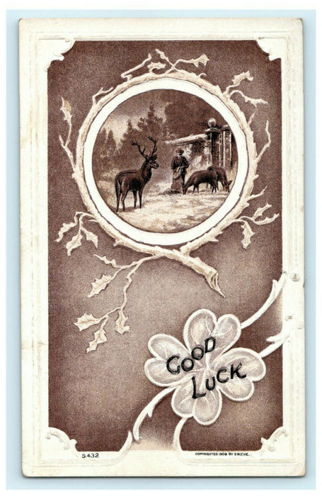 New Year's Good Luck Reindeer 1910 Clover Embossed Vintage Antique Postcard