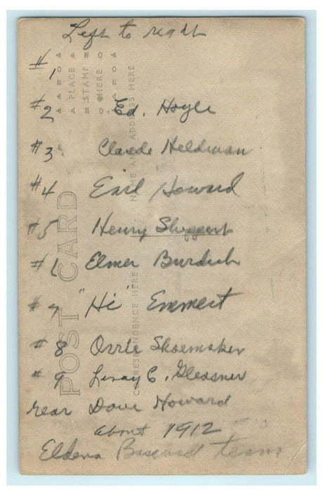 Eldena Illinois Baseball Team 1912 RPPC Photo Vintage Antique Postcard