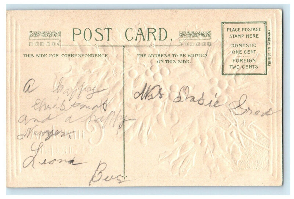 Christmas Greetings Holly Berries Gold John Winsch 1910 Embossed Postcard