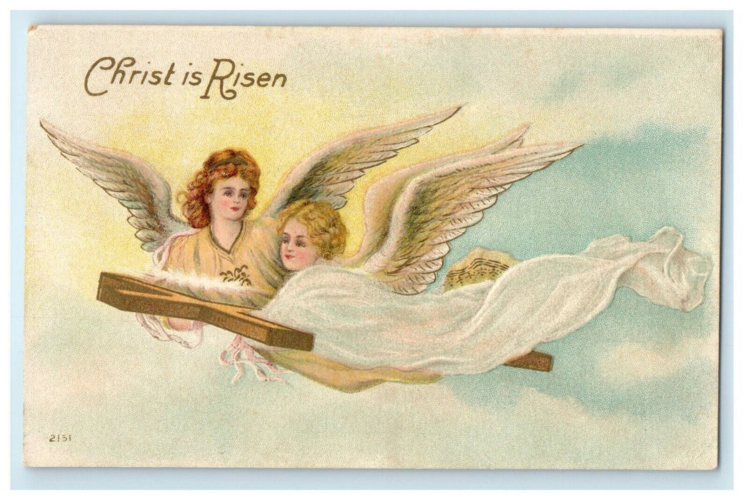 c1910 Easter Christ Is Risen Angels Floating With Gold Cross Embossed Postcard